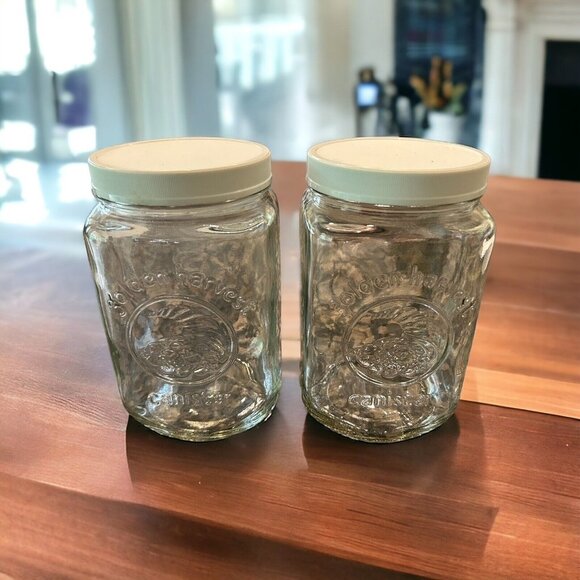 Set of 2 Vintage Golden Harvest Glass Canisters - 7.25" tall, 48oz Plastic Lids - Picture 1 of 7